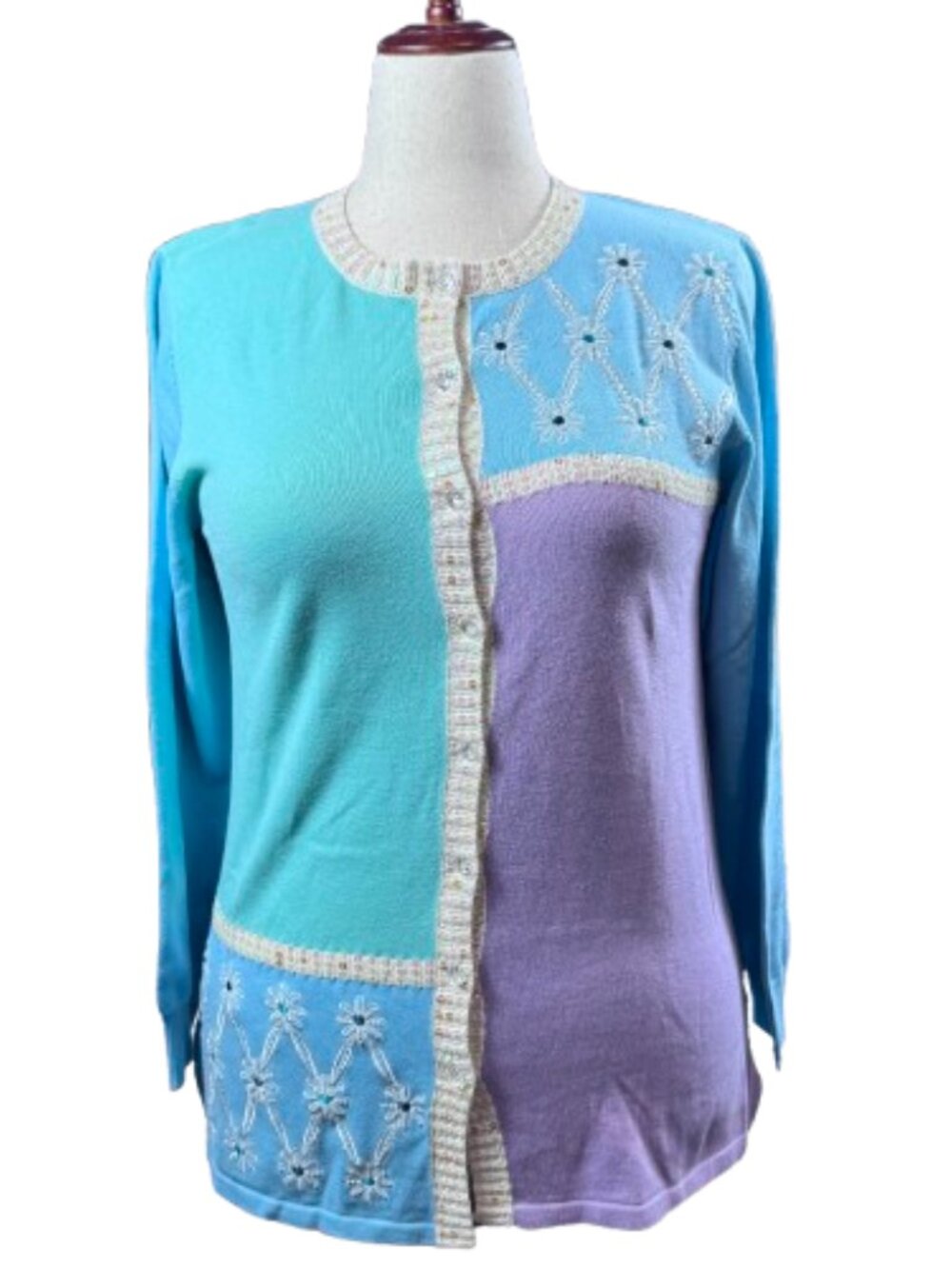 Bob Mackie Wearable Art Sequined SpringDaisy Floral Pastel Colorblock Cardigan S